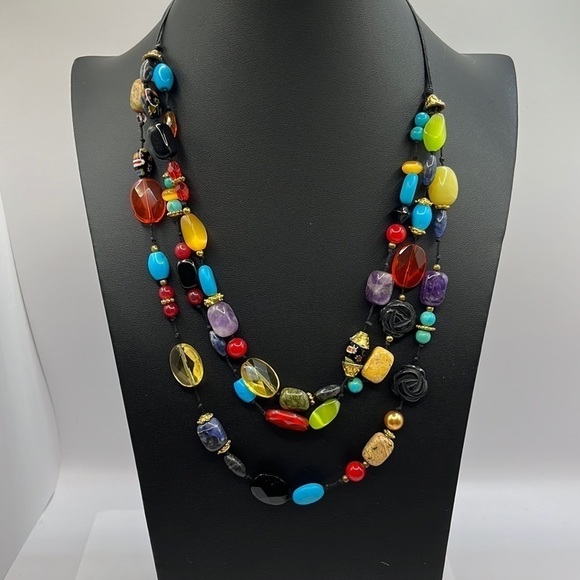 Colorful Beaded knotted Necklace with gold tone spacers - Picture 1 of 10